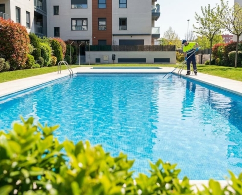 Operario realizando el mantenimiento y puesta a punto de una piscina comunitaria en marzo