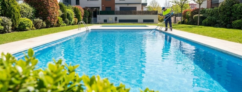 Operario realizando el mantenimiento y puesta a punto de una piscina comunitaria en marzo