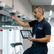 Fotografía en plano medio de un técnico de seguridad profesional con polo azul marino ajustando una cámara de vigilancia tipo domo montada en el techo de un pasillo industrial moderno. Sostiene una tableta que muestra una vista de plano de planta con múltiples transmisiones de video. Varios modelos de cámaras idénticos están instalados a lo largo de las vigas de hormigón. Lleva una tarjeta de identificación y una escalera de tijera parcial es visible en primer plano. La iluminación es brillante y uniforme.