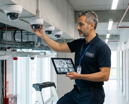 Fotografía en plano medio de un técnico de seguridad profesional con polo azul marino ajustando una cámara de vigilancia tipo domo montada en el techo de un pasillo industrial moderno. Sostiene una tableta que muestra una vista de plano de planta con múltiples transmisiones de video. Varios modelos de cámaras idénticos están instalados a lo largo de las vigas de hormigón. Lleva una tarjeta de identificación y una escalera de tijera parcial es visible en primer plano. La iluminación es brillante y uniforme.