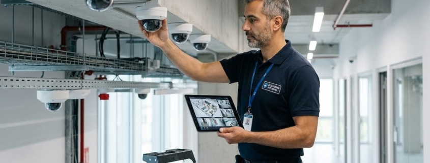 Fotografía en plano medio de un técnico de seguridad profesional con polo azul marino ajustando una cámara de vigilancia tipo domo montada en el techo de un pasillo industrial moderno. Sostiene una tableta que muestra una vista de plano de planta con múltiples transmisiones de video. Varios modelos de cámaras idénticos están instalados a lo largo de las vigas de hormigón. Lleva una tarjeta de identificación y una escalera de tijera parcial es visible en primer plano. La iluminación es brillante y uniforme.
