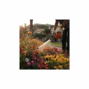 ervicio profesional de mantenimiento de jardines en Alicante realizado por Domus Gestión, revisando el riego.