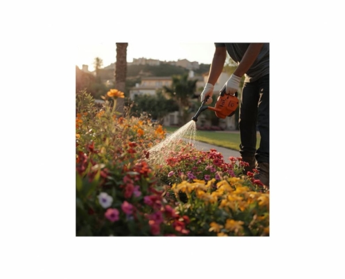 ervicio profesional de mantenimiento de jardines en Alicante realizado por Domus Gestión, revisando el riego.