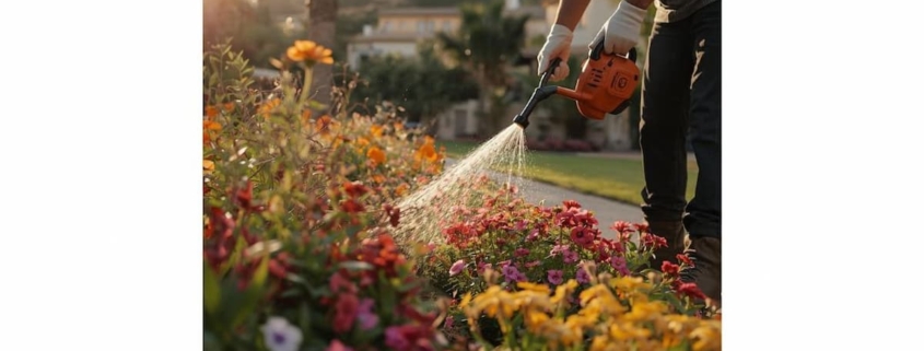 ervicio profesional de mantenimiento de jardines en Alicante realizado por Domus Gestión, revisando el riego.