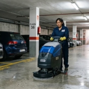 Una mujer vestida con un uniforme azul y guantes amarillos opera una máquina fregadora de suelos profesional de color azul y negro en un garaje subterráneo bien iluminado. En primer plano, a la izquierda, hay dos coches estacionados: un Toyota RAV4 plateado (matrícula 4189 KSD) y un Volkswagen Golf azul. A la derecha, se ve un carro de limpieza con botellas de spray y una señal de advertencia amarilla que dice "CUIDADO PISO MOJADO - MEPP MASTER". Los pilares de hormigón están marcados con números de plaza, incluyendo "PLAZA 36". En la esquina superior izquierda hay un texto superpuesto que dice: "MANTENIMIENTO INTEGRAL DE GARAJES Soluciones de Limpieza Profesional".