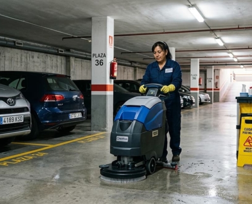 Una mujer vestida con un uniforme azul y guantes amarillos opera una máquina fregadora de suelos profesional de color azul y negro en un garaje subterráneo bien iluminado. En primer plano, a la izquierda, hay dos coches estacionados: un Toyota RAV4 plateado (matrícula 4189 KSD) y un Volkswagen Golf azul. A la derecha, se ve un carro de limpieza con botellas de spray y una señal de advertencia amarilla que dice "CUIDADO PISO MOJADO - MEPP MASTER". Los pilares de hormigón están marcados con números de plaza, incluyendo "PLAZA 36". En la esquina superior izquierda hay un texto superpuesto que dice: "MANTENIMIENTO INTEGRAL DE GARAJES Soluciones de Limpieza Profesional".