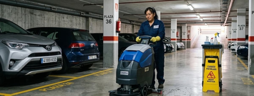 Una mujer vestida con un uniforme azul y guantes amarillos opera una máquina fregadora de suelos profesional de color azul y negro en un garaje subterráneo bien iluminado. En primer plano, a la izquierda, hay dos coches estacionados: un Toyota RAV4 plateado (matrícula 4189 KSD) y un Volkswagen Golf azul. A la derecha, se ve un carro de limpieza con botellas de spray y una señal de advertencia amarilla que dice "CUIDADO PISO MOJADO - MEPP MASTER". Los pilares de hormigón están marcados con números de plaza, incluyendo "PLAZA 36". En la esquina superior izquierda hay un texto superpuesto que dice: "MANTENIMIENTO INTEGRAL DE GARAJES Soluciones de Limpieza Profesional".