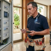 Técnico de guardia resolviendo una emergencia en comunidad de propietarios en Alicante durante un día festivo.