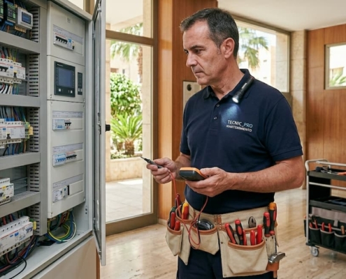 Técnico de guardia resolviendo una emergencia en comunidad de propietarios en Alicante durante un día festivo.